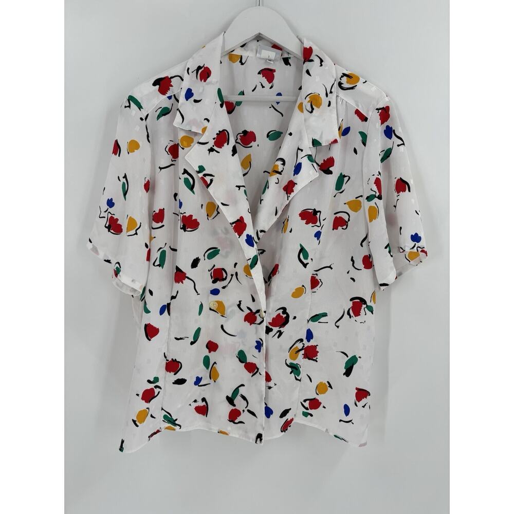 Russ Vintage Blouse Womens 18 White Sheer Dotted Short Sleeves Button Union Made